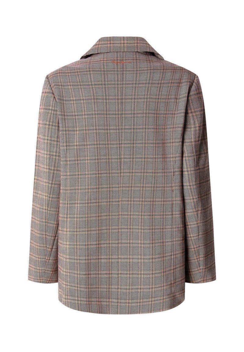 Blazer a quadri con colletto, caratterizzato da motivi intrecciati in grigio, marrone e rosso. Maniche lunghe e design a taglio dritto.