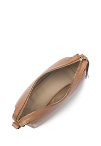 Brown leather pouch with textured exterior, gold zipper, and tan fabric interior. Features a rounded shape and minimalistic design.