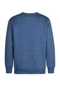 Sweat-shirt bleu avec une finition texturée, doté d'un col rond, de manches longues et de poignets et d'ourlet côtelés. Le dos est uni sans logos visibles.