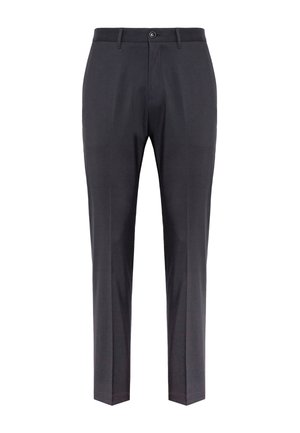 Donkergrijze op maat gemaakte broek van gladde stof, met een knoopsluiting, riemlussen en een rechte pijp. Geen patronen of accenten.