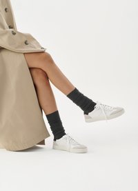 Zapatillas blancas con detalles grises, combinadas con calcetines oscuros y holgados, y un trench beige, mostrando un estilo casual en capas.
