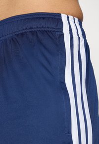 Μπλε αθλητικά σορτς από λείο ύφασμα, διαθέτοντας τρεις λευκές κάθετες ρίγες στο πλάι. Ελαστική μέση με γαζωμένο ραφάκι.