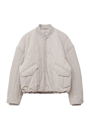 Hellgraue, kurze Jacke mit Reißverschluss vorne, geripptem Kragen und elastischem Bund. Verfügt über diagonale Steppungen und zwei aufgesetzte Taschen vorne.