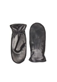 Moufles en cuir noir avec une texture lisse, présentant un poignet froncé sur l'une et des détails de couture subtils sur l'autre.