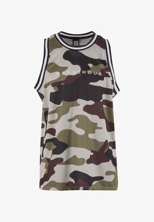 Ujjatlan terepmintás sportos trikó fekete, zöld, barna és fehér mintákkal, a mellkason fehér „DANGEROUS” felirattal.