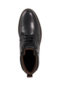 Black leather ankle boot with a smooth finish, round toe, and brown textile lining. Features black laces and a small pull tab at the heel.