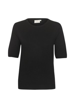 Schwarzes kurzärmliges Strickoberteil mit rundem Ausschnitt. Verfügt über eine glatte Textur und ein einfaches Design. Etikett am Hals sichtbar.