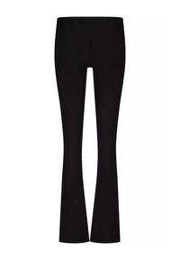 Schwarze, dehnbare, ausgestellte Leggings mit glatter Textur, die einen hohen Bund und eine enganliegende Passform an den Oberschenkeln haben, die sich am Knie verjüngt.