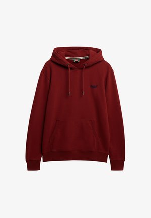Maroon capuchon sweatshirt gemaakt van zacht materiaal, met een kangoeroezak, trekkoorden en een geborduurd logo op de borst.