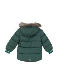 Veste rembourrée verte avec une capuche doublée de fourrure, poignets côtelés ornés de rayures bleues, vertes et blanches. Texture matelassée sur l'ensemble.