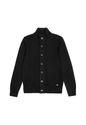 Zwarte gebreide cardigan met een hoge kraag, volledige knoopsluiting, geribbelde manchetten en zoom. Gemaakt van zachte stof met een textuurlafwerking.