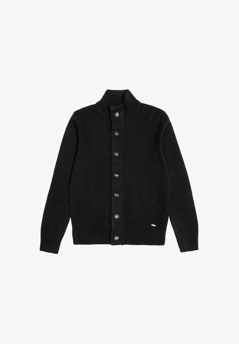 Cardigan nero lavorato a maglia con colletto alto, chiusura a bottoni completa, polsini e orlo a coste. Realizzato in tessuto morbido con una finitura testurizzata.