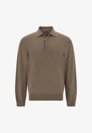 Braunes Langarm-Polohemd aus weichem Strickmaterial, mit klassischem Kragen, Drei-Knopf-Leiste und gerippten Bündchen und Saum.