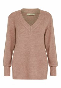 Helles rosa gestricktes Sweatshirt mit tiefem V-Ausschnitt, langen Ärmeln und gerippten Bündchen. Weicher Stoff und leicht oversized Design für zusätzlichen Komfort.