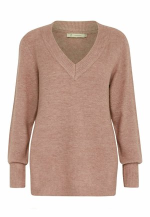 Maglione a maglia rosa chiaro con scollatura a V profonda, maniche lunghe e polsini a costine. Texture morbida e design leggermente oversize per il massimo comfort.