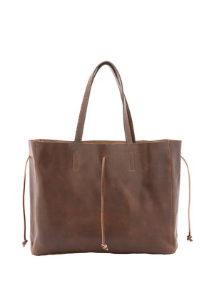 Bruine leren tas met twee handvatten en aantrekkoorden aan elke kant, met zichtbare naden en een gladde textuur.