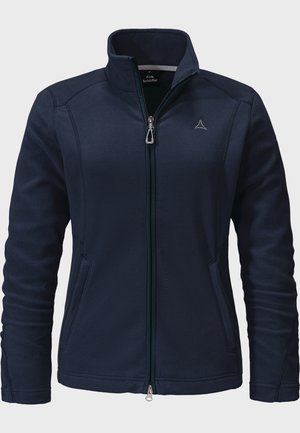 Chaqueta de forro polar azul marino con un alto cuello, cremallera completa y bolsillos laterales. Presenta costuras de contraste y un pequeño logo en el pecho. Textura suave.