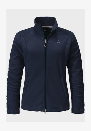 Chaqueta de forro polar azul marino con un alto cuello, cremallera completa y bolsillos laterales. Presenta costuras de contraste y un pequeño logo en el pecho. Textura suave.