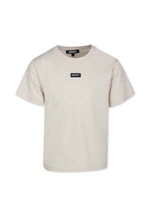 Lichtbeige katoenen T-shirt met korte mouwen, een ronde hals en een zwart DKNY logo patch op de voorkant.