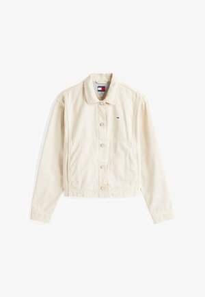 Biała kurtka dżinsowa z kołnierzykiem, długimi rękawami, zapięciem na sześć guzików oraz małym haftowanym logo po lewej stronie klatki piersiowej.