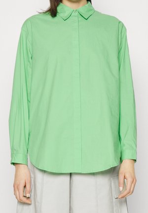 Osoba ubrana w luźną, długorękawową, jasnooliwkową koszulę zapinaną na guziki z kołnierzykiem oraz jasnoszare spodnie z kieszeniami.