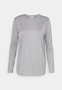 Zilveren lange mouw shirt van glanzende stof, met een ronde halslijn en een gladde textuur met subtiele glans.