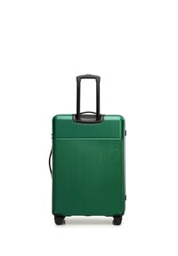 Hard-shell green suitcase with textured surface, black retractable handle, and four black wheels for mobility. Smooth edges and minimal design.