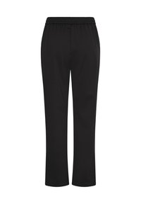 Sorte lige bukser med elastisk talje, lavet af glat stof og uden synlige lommer, vist mod en hvid baggrund.