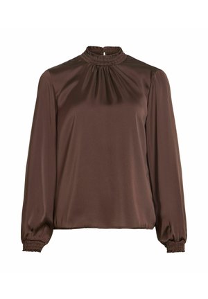 Brūna garām piedurknēm satīna blūze ar rievotu augstu apkakli un elastīgām aprocēm, brīvs siluets, priekšpusē pogu aizdare ar atvērumu.