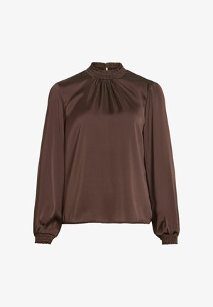 Hnědá saténová halenka s dlouhým rukávem, volánkovým vysokým límečkem a elastickými manžetami, volného střihu, na předním díle s knoflíkovým průstřihem.