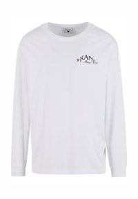 Weißes Langarm-T-Shirt aus Baumwolle mit Rundhalsausschnitt und schwarzem "KANI Music"-Logo auf der linken Brust.