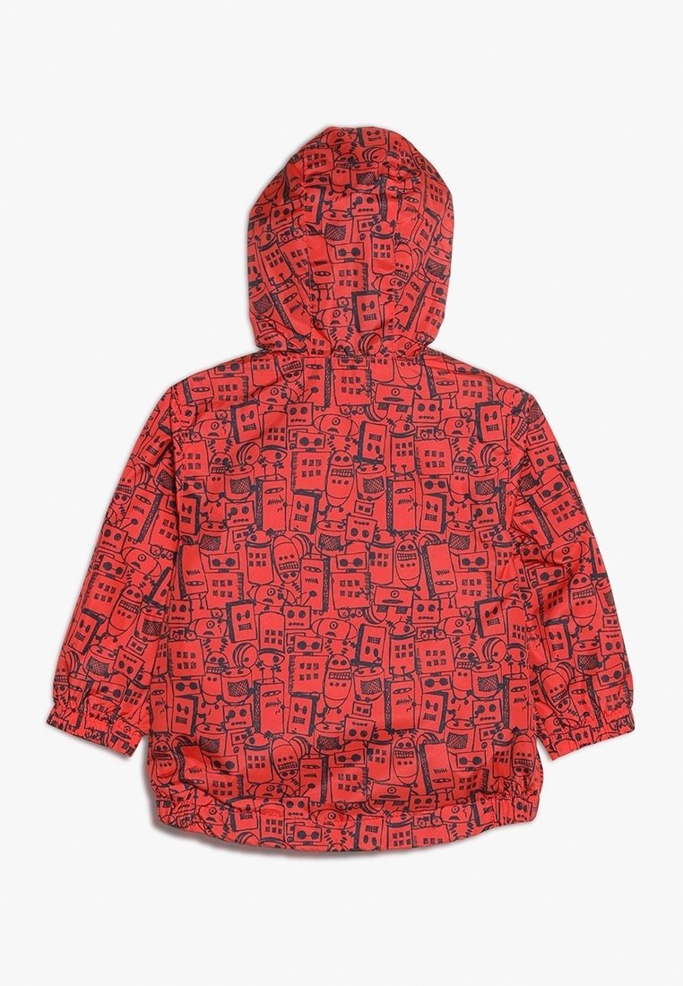 Veste à capuche rouge pour enfants avec illustrations de robots noirs sur toute la surface et poignets élastiques, vue de dos sur fond blanc.