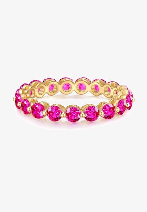 Gouden ring met ronde roze kristallen, met een ronde vorm en afwisselend open secties. Gladde textuur en gepolijste afwerking.