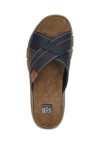 Bruine sandaal met voetbed en donkerblauwe kruislings straps, met witte stiksels, en voorzien van een "SUB 55" label op het hielgebied.