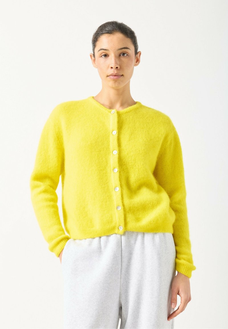 Dzeltens kardigans no mīksta, pūkaina materiāla ar apaļu kakla izgriezumu un sešām baltām pogām priekšpusē. Valkāts kopā ar pelēkām sporta biksēm.