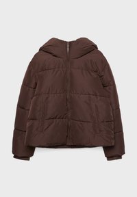 Brązowa kurtka puchowa z kapturem, z suwakiem z przodu i dwoma bocznymi kieszeniami. Materiał jest gładki z pikowanym wzorem.