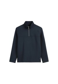 Marinblå tröja med ståkrage, kvartslång dragkedja framtill, långa ärmar, tillverkad av mjukt trikåmaterial, med en diskret logodetalj i fållen.