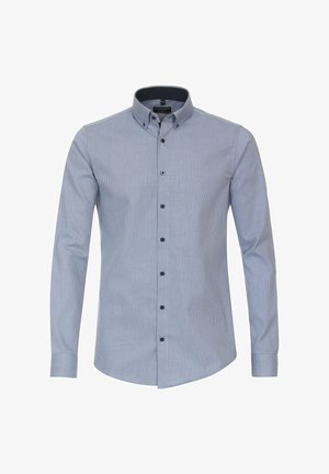 Himmelblaues Hemd mit Karomuster. Es hat einen Kragen, lange Ärmel und dunkelblaue Knöpfe auf der Vorderseite. Glatte Textur.