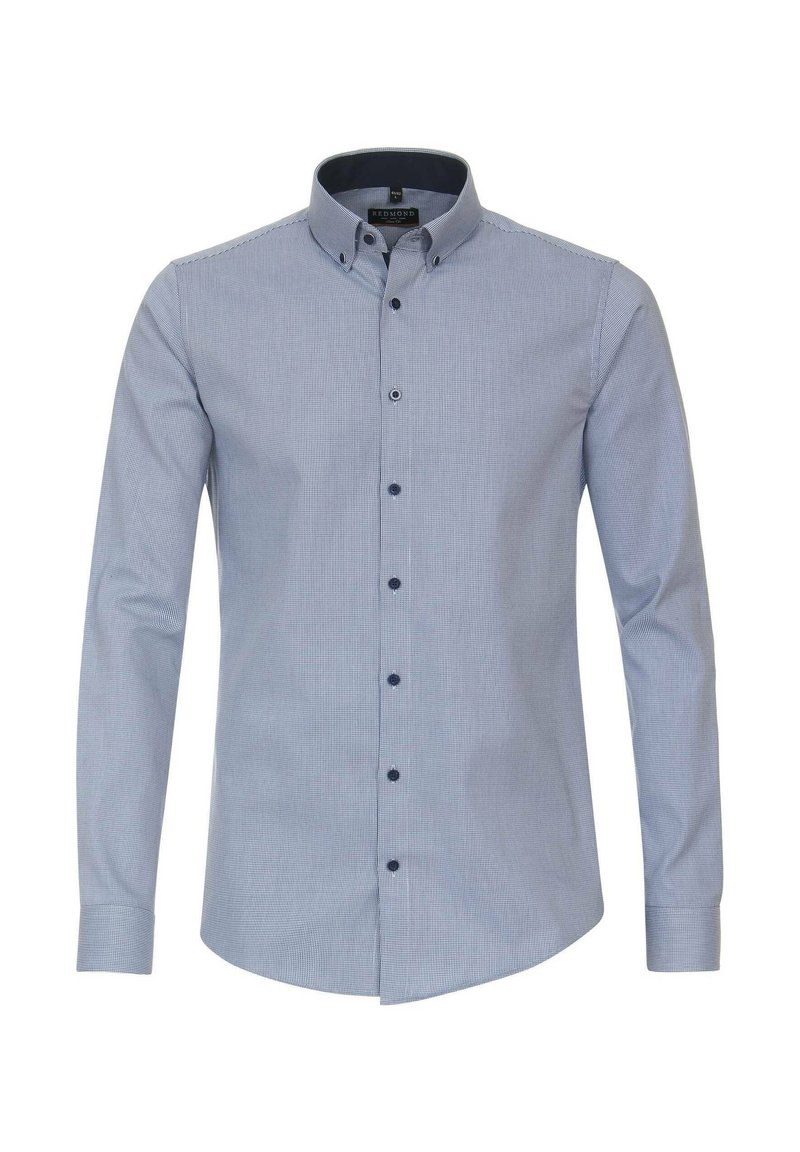 Himmelblaues Hemd mit Karomuster. Es hat einen Kragen, lange Ärmel und dunkelblaue Knöpfe auf der Vorderseite. Glatte Textur.