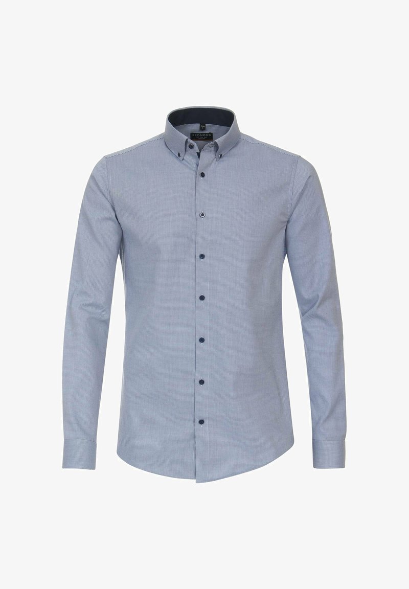 Himmelblaues Hemd mit Karomuster. Es hat einen Kragen, lange Ärmel und dunkelblaue Knöpfe auf der Vorderseite. Glatte Textur.