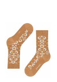 Brązowe skarpetki w kwiaty z białymi i żółtymi wzorami, wykonane z teksturowanej tkaniny, zapewniające komfortowe dopasowanie i wzmocnione palce.