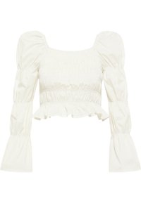 Fehér, négyzet alakú nyakú, crop top puffos ujjal és gyűrt részletezéssel. Ráncos aljjal és puha, sima anyaggal rendelkezik.