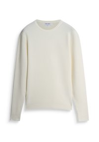 Maglione color crema chiaro con un motivo a maglia testurizzata, caratterizzato da un colletto rotondo e maniche lunghe con polsini e orlo a costine.