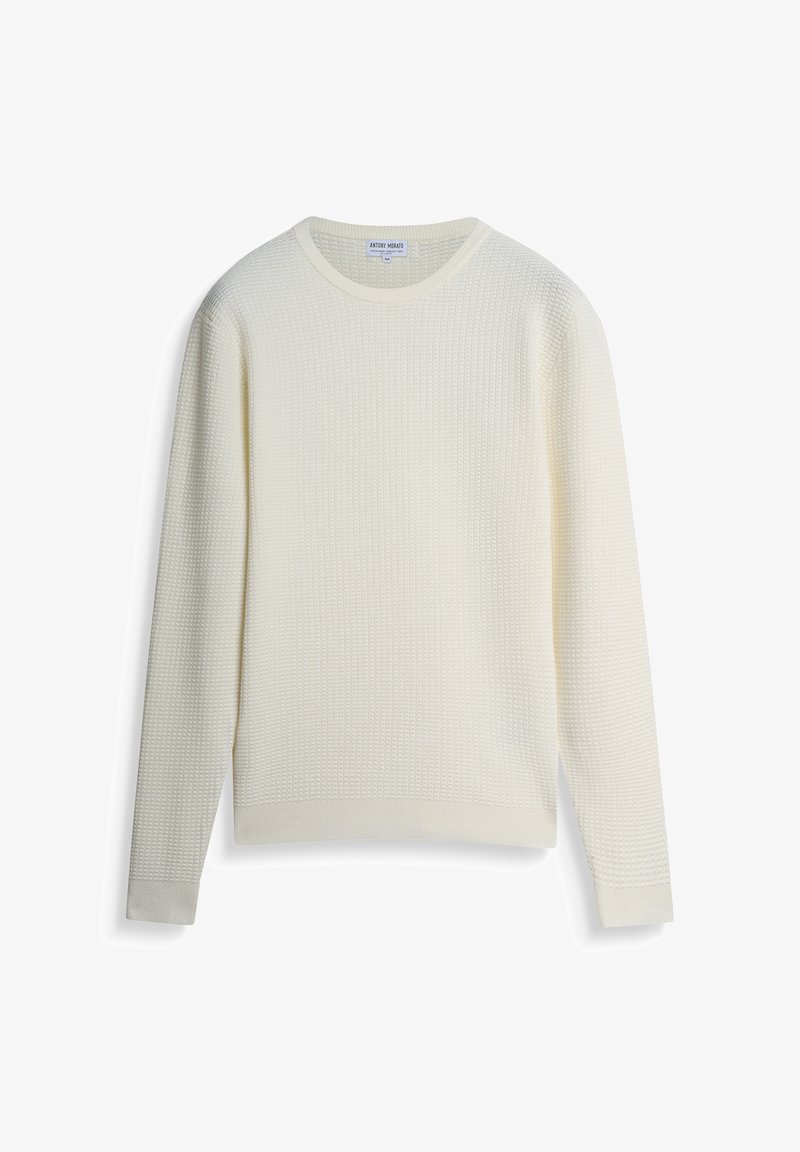 Maglione color crema chiaro con un motivo a maglia testurizzata, caratterizzato da un colletto rotondo e maniche lunghe con polsini e orlo a costine.