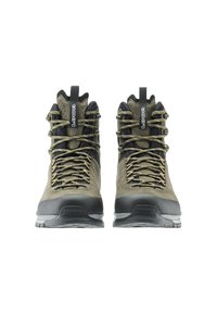 Dunkelgrüne Wanderschuhe mit schwarzen Akzenten, aus Wildleder, Schnürdesign, strukturierte Oberfläche und verstärkte Gummisohlen für besseren Halt.