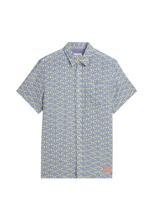 Camicia a maniche corte con bottoni, con motivo geometrico blu e giallo e una tasca sul petto davanti.