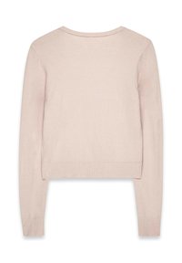 Maglione corto rosa chiaro con maniche lunghe, orlo e polsini a coste, e una texture liscia. Design pulito e semplice senza motivi visibili.