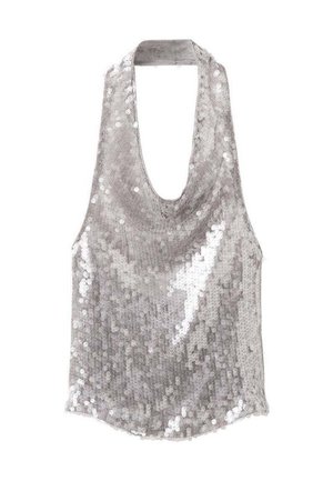 Sølv paliet halterneck top med dyb draperet halsudskæring og ærmeløs design.
