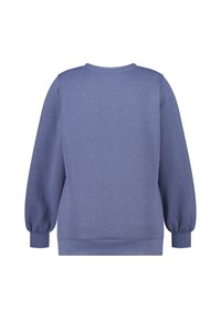Blauwe pullover sweatshirt met een ronde hals, lange pofmouwen en een zachte textuur. Voorzien van geribbelde manchetten en zoom. Eenvoudig ontwerp zonder patronen.