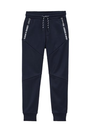 Tmavě modré teplákové kalhoty s šňůrkou v pase, zipovými bočními kapsami a nápisem "Legends in Sports" vedle kapes.